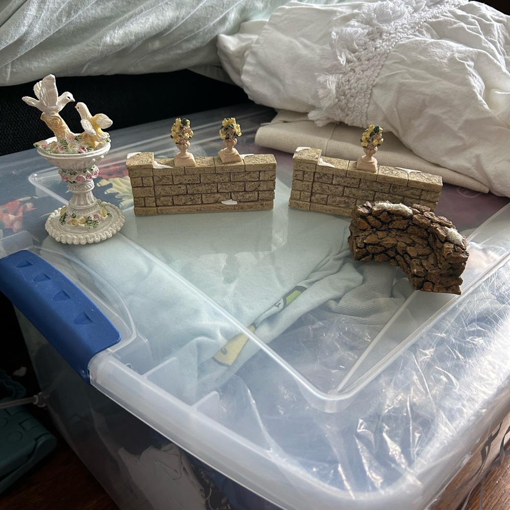 Miniature Scenery Items (2 Brick Walls, Stone Chair, Birdbath, Flowers)